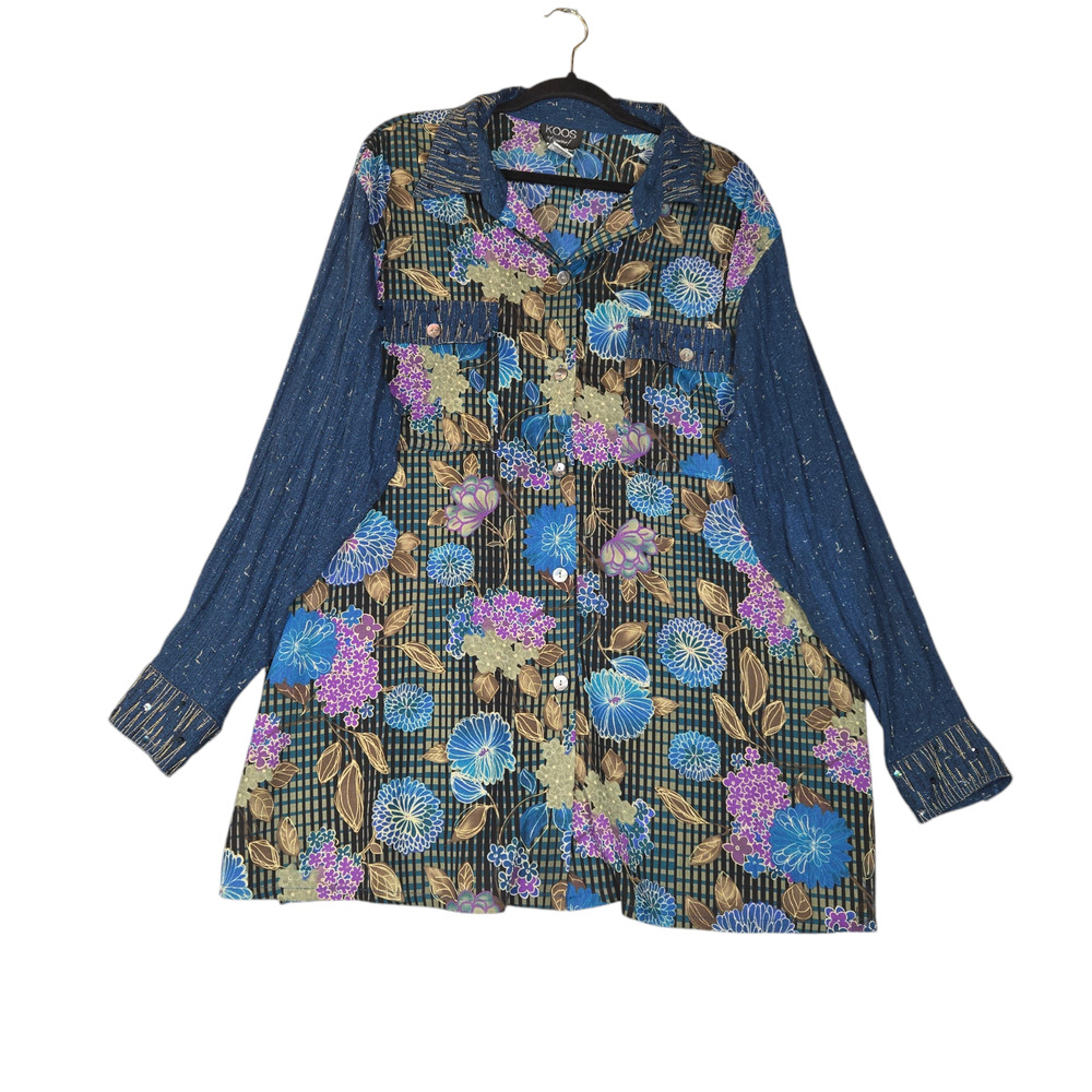 KOOS of Course Womens 2X Button‎ Up Blouse Long Sleeve Blue Floral Semi Sheer